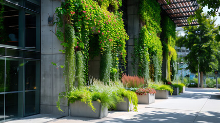 Vibrantes videiras verdes caem pelos lados de um edifício de concreto criando um forte contraste contra a arquitetura moderna e elegante