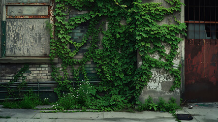 Vibrantes videiras verdes se espalham pelas desgastadas paredes de tijolos de um prédio abandonado criando um contraste marcante contra o declínio urbano