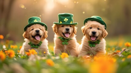 Cute Golden Retriever puppy smiling at St. Patrick's Day costume leprechaun hat for carnival, green clover garden field landscape background. Creative pet animal character modern 3d digital art banner