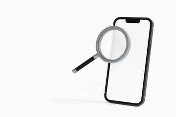 Smartphone with magnifying glass, business analysis concept, 3D rendering.