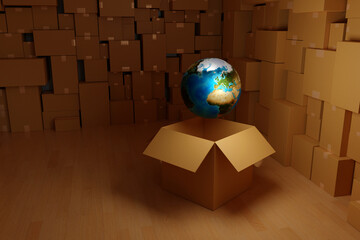 World global floating out of the parcel box in warehouse, worldwide logistic delivery concept, 3D rendering.