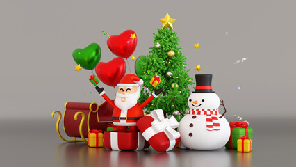 Santa clause with sleigh near snowman and Christmas tree gifts box, Happy New year and Merry Christmas greeting card, 3D rendering.