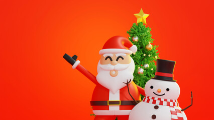 Happy Santa Claus snowman cheer up and raise hand up, merry Christmas, 3D rendering.