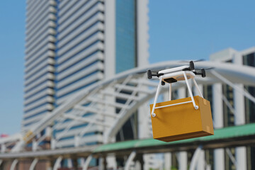 Drone delivering parcel box in urban city, futuristic express delivery, 3D rendering.