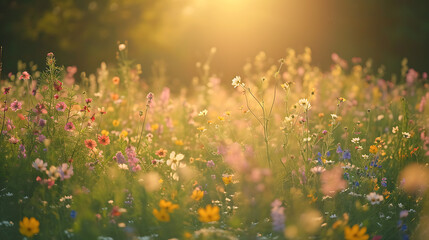 Flores silvestres vibrantes de várias tonalidades cobrem um prado iluminado pelo sol criando um caleidoscópio de cores