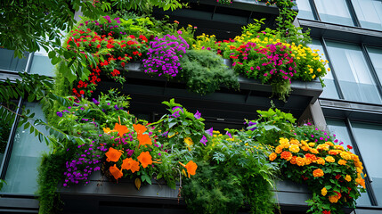 Fototapeta na wymiar Flores vividamente coloridas e vegetação exuberante caem pelas laterais de altos edifícios urbanos criando um contraste impressionante contra o pano de fundo de concreto e aço