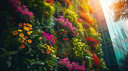 Flores vividamente coloridas e vegetação exuberante caem pelas laterais de altos edifícios urbanos criando um contraste impressionante contra o pano de fundo de concreto e aço - obrazy, fototapety, plakaty