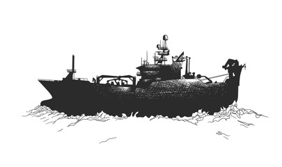 A ship navigating the sea, portrayed in a black and white vector illustration. - obrazy, fototapety, plakaty