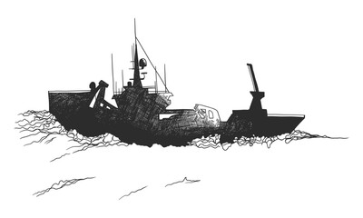 A ship navigating the sea, portrayed in a black and white vector illustration. - obrazy, fototapety, plakaty