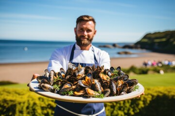 Normandy's Culinary Gem: A Platter of Moules Marinières Presented by a Skilled Chef, a Perfect Harmony of Plump and Juicy Mussels, White Wine, and Cream, Creating a Coastal Delight.




 - obrazy, fototapety, plakaty