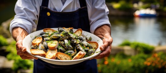 Normandy's Culinary Gem: A Platter of Moules Marinières Presented by a Skilled Chef, a Perfect Harmony of Plump and Juicy Mussels, White Wine, and Cream, Creating a Coastal Delight.




 - obrazy, fototapety, plakaty