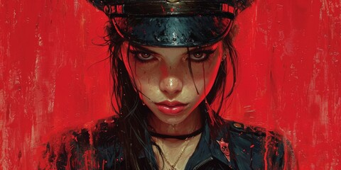 Painting of a Girl in a Police Uniform with Red Eyes in the Style of Gothic Black - Police Woman Queencore Background created with Generative AI Technology
