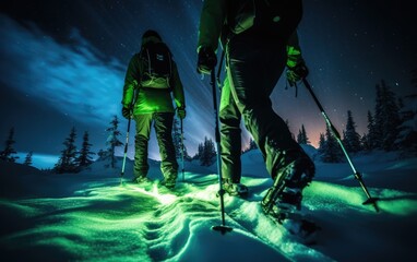 Northern Lights Expedition: Hiking Under the Aurora in Lapland's Snowy Wonderland. Chasing the Arctic Glow. Stunning Aurora Borealis	