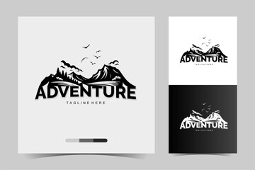 adventure logo vector with mountain and landscape design, isolate design, black and white