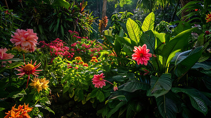 Flores vivas e exuberantes e folhagens exuberantes criam uma exibição deslumbrante em um jardim botânico ensolarado