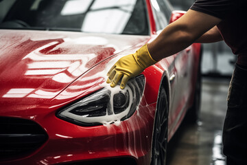 Red Sports Car Being Washed at a Professional Car Wash with Soap Dripping Down