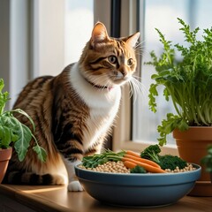 Vegan cat food. Photo of an adorable cat sitting in front of a food bowl with legumes and vegetables. Healthy delicious plant based cat food. Vegan cat nutrition. Generative AI