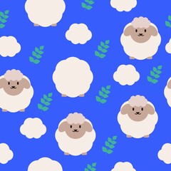 Sheep Seamless PatternAnimals seamless pattern. Fluffy sheep, leaf. Cute illustration with blue background.