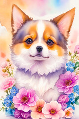 Cute fluffy puppy with flowers. Postcard with Dog in watercolor art style