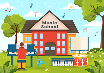 Obraz na płótnie Canvas Music School Vector Illustration with Playing Various Musical Instruments, Learning Education Musicians and Singers in Flat Kids Cartoon Background