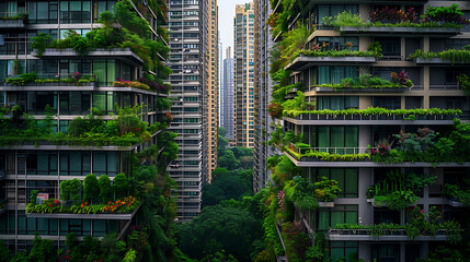 Vegetação vívida transborda das elegantes varandas dos arranha-céus criando um marcante contraste natural contra o aço e vidro da paisagem urbana - obrazy, fototapety, plakaty