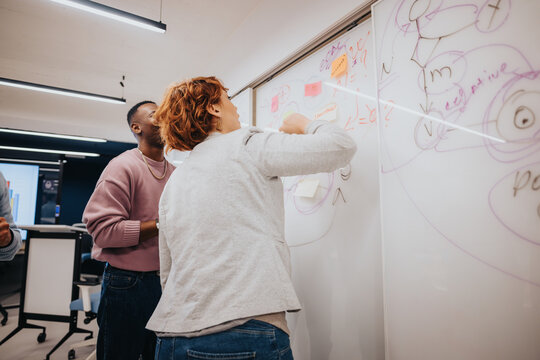 Diverse business team analyzing stats, brainstorming and strategizing in a classroom. Writing on a whiteboard for innovative teamwork and positive outcomes.