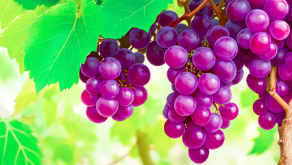 Purple Grapes on a branch with leaves. Grapes close-up growing on a tree in a grape garden