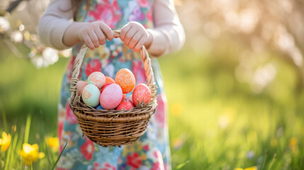 Fototapeta na wymiar Whimsical Fairy Girl Delightedly Holds a Wicker Basket Overflowing With Colorful Easter Eggs