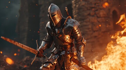 Epic Defender: A Brave Medieval Knight Wielding His Sword Amidst Flames on the Castle Battlement, Clad in Armor.