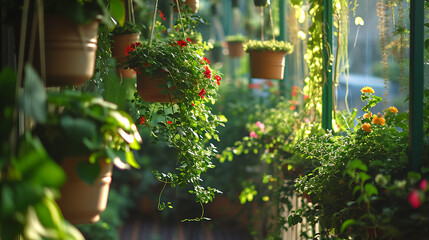 Folhagem verde vívida cai de vasos suspensos criando um oásis exuberante e convidativo na movimentada varanda urbana - obrazy, fototapety, plakaty