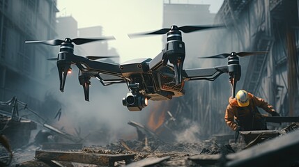 Obraz premium A high-tech drone hovers in a dusty, demolished urban area aiding a search and rescue worker on the ground amidst rubble.