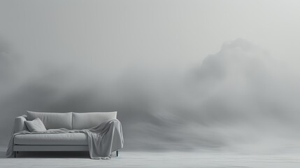 A modern minimalist sofa draped with a throw blanket in a monochrome, abstract, cloudy environment, evoking a sense of calm and simplicity.