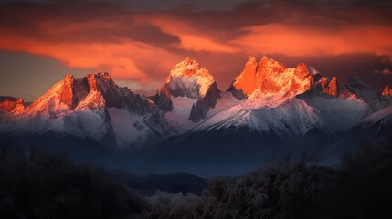 A breathtaking mountain landscape at sunset, with snow-capped peaks, a fiery sky, and a sense of awe and majesty, Photography