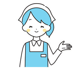 水色｜左手に案内する三角巾の女性店員｜エプロン