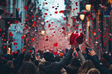 people on the street celebrate valentines day with love and joy pragma - obrazy, fototapety, plakaty