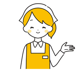 オレンジ色｜左手に案内する三角巾の女性店員｜エプロン