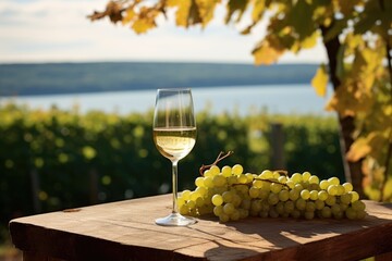Wine Wonderland: Discovering Riesling's Delight in the Finger Lakes, New York, Where Bright Skies Cast a Natural Spotlight on a Table of Cool-Climate Grapes and a Contemporary Wine Glass.

 - obrazy, fototapety, plakaty