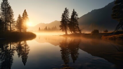 A breathtaking sunrise over a serene mountain lake, with mist rising from the water, pine trees on the shore, and a feeling of tranquility and awe, Photography  - obrazy, fototapety, plakaty