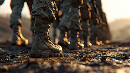a close-up of the boots of a group of soldiers walking across a muddy field. The soldiers are positioned in a line, with some closer to the foreground and others further back. - obrazy, fototapety, plakaty