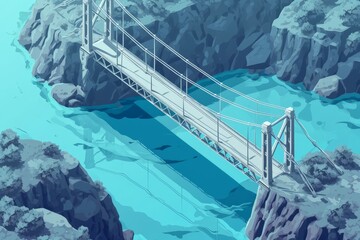 2D Isometric Cartoon Illustration of a Grey Suspension Bridge over a very Wide Delta - Animated illustrated Bridge Background created with Generative AI Technology
