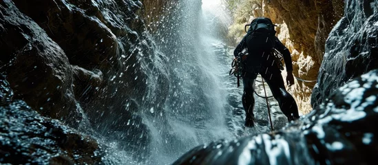 Fotobehang Quito and Danube Fusion: Explore the Adrenaline-Packed World of Freefall Canyoning in Bearna Valley, Lanzarote, Infused with the Daring Styles of Quito School and Danube School. © Mr. Bolota