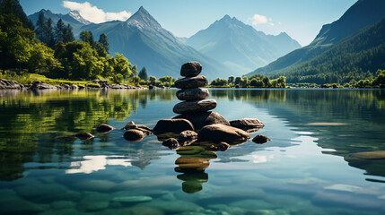 Stack of zen stones with mountain and river backgrounds