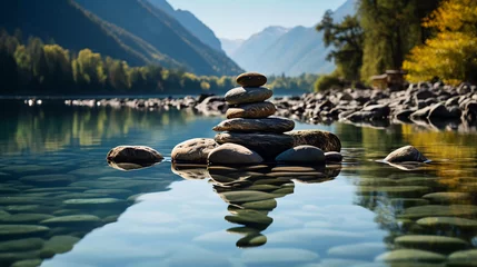  Stack of zen stones with mountain and river backgrounds © 99 Inspiration