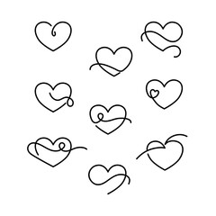 Serduszka. Kolekcja dziewięciu serc. Proste elementy do projektów rysowane linią - serce, miłość, walentynka, zdrowie, troska. - obrazy, fototapety, plakaty