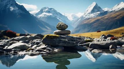  Stack of zen stones with mountain and river backgrounds © 99 Inspiration