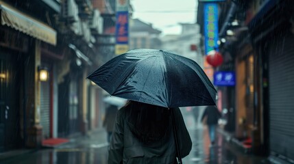 A woman uses an umbrella in rainy day, blurred city background.