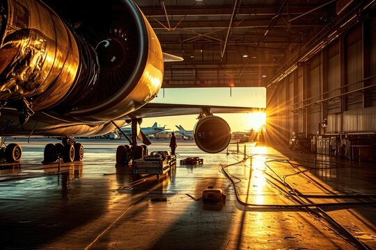 Aeronautical Precision: From the Observation Deck, Witness Skilled Mechanics Repairing a Massive Boeing 747, Revealing Intricate Details as the Sun Sets on the Aviation Hangar.

