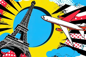 Fotobehang Eiffel Tower and plane illustration pop art cartoon postcard colorful, travel Europe, France Paris © Roman