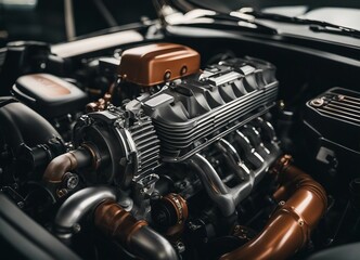 Detailed car engine bay showcasing a powerful engine