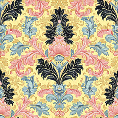 Hand Drawn Oil Painting of Seamless Tile Pattern Wallpaper for Residence Hotel Interior Wall Decoration, Midcentury, Retro Vintage Victorian with ornaments, nature-inspired, floral patterns background